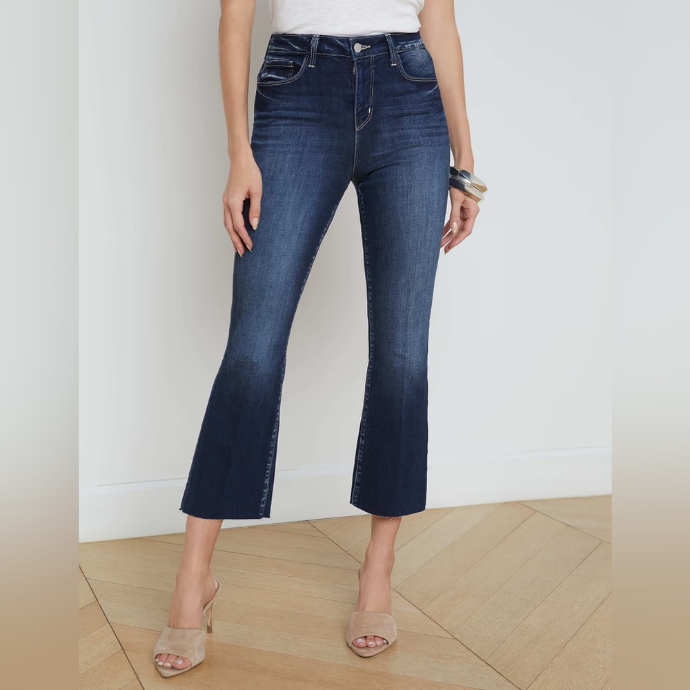 L’AGENCE Kendra Cropped Flare Raw Hem High Rise Jeans in Columbia Size 30